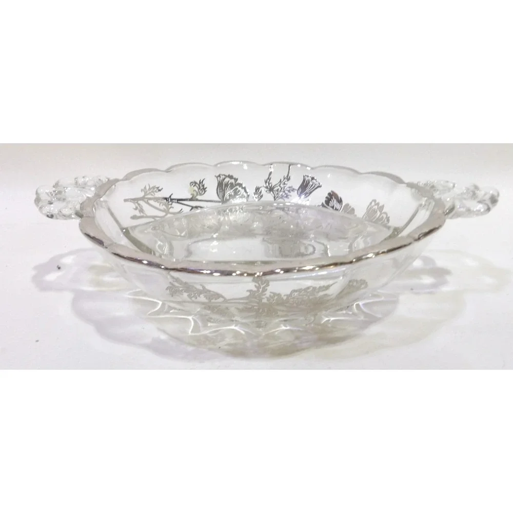 Vintage Silver Overlay Glass Divided Relish Dish Floral Poppy Scalloped Handle